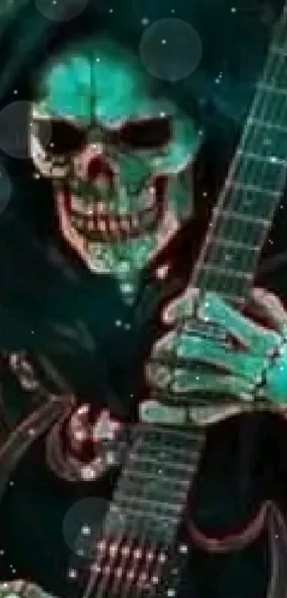 Gothic skeleton holding guitar with bold quotes.