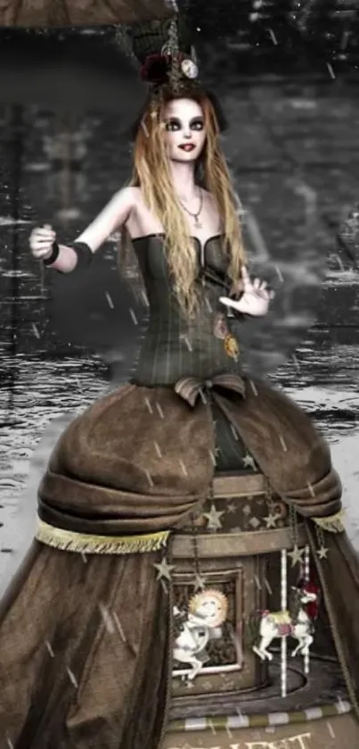 Gothic doll standing in rain with umbrella, displaying a unique artistic style.