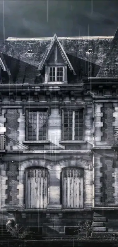 Gothic mansion under a dark, rainy sky, offering an eerie and dramatic look.