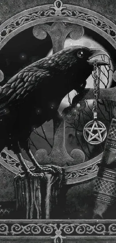 Gothic raven with pentagram and books under a moonlit sky.