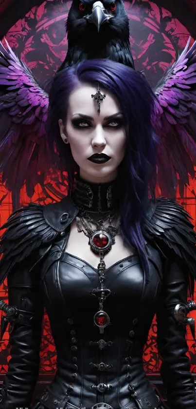 Gothic woman in leather with raven and purple hair