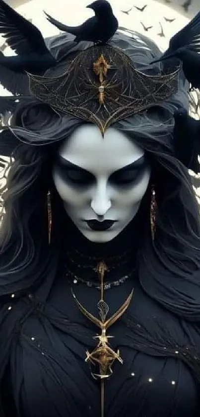 Gothic queen surrounded by ravens in a dark fantasy art style.