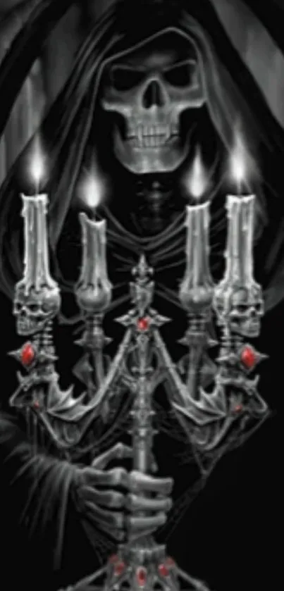 Gothic Reaper holding candelabra with skulls in dark wallpaper.