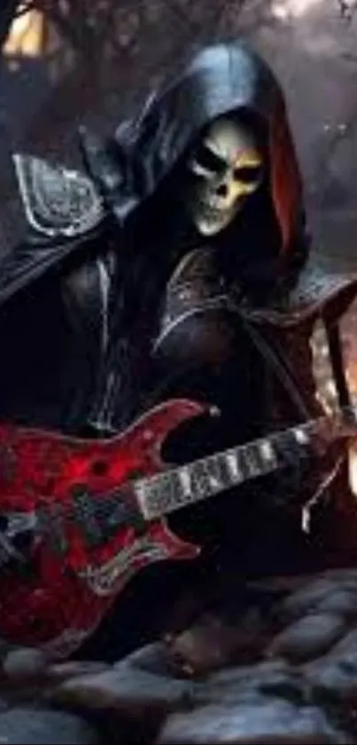 Dark reaper with a guitar in a gothic setting.