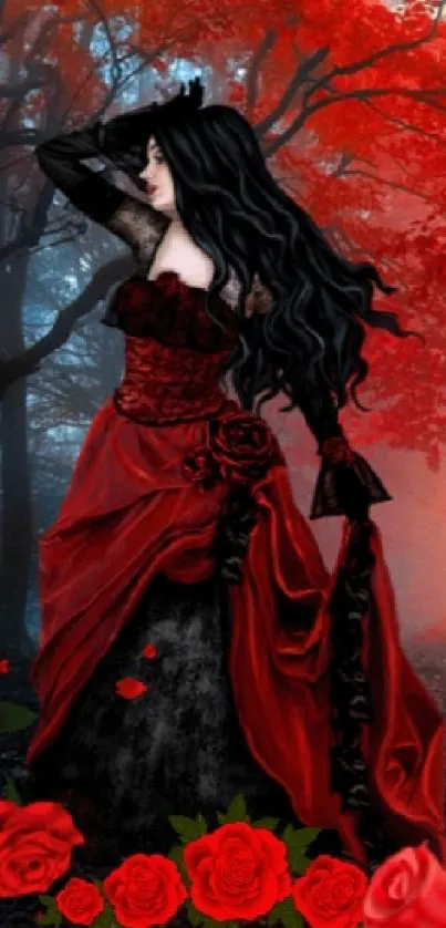 Gothic woman in red dress against a red forest backdrop wallpaper.