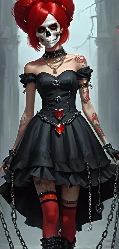 Gothic skeleton art with red hair and dark dress.