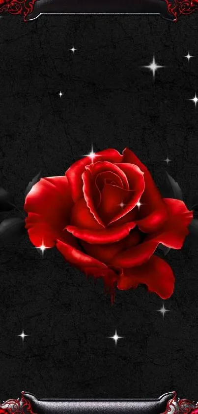 Gothic-themed wallpaper with a red rose on a black textured background.