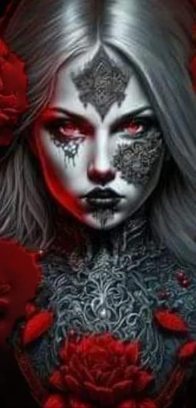 Gothic-inspired art with red roses on phone wallpaper.