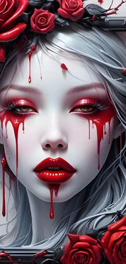 Gothic woman with red roses and silver hair in dramatic artwork.