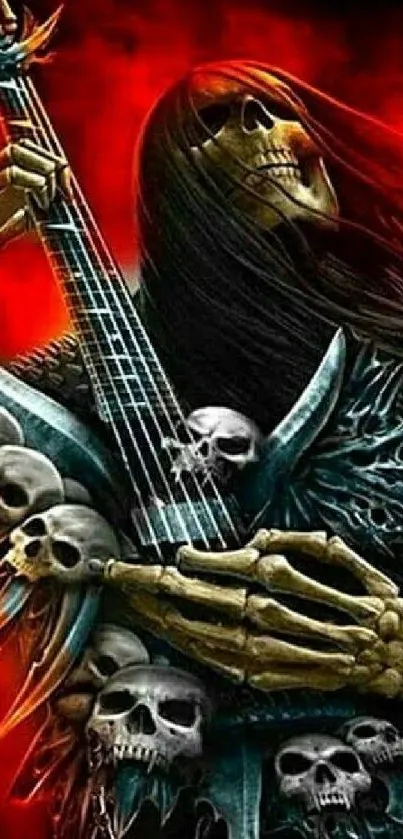 Gothic rock wallpaper with skeleton playing guitar and skulls.