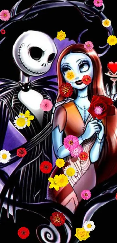 Gothic animated characters surrounded by colorful flowers.