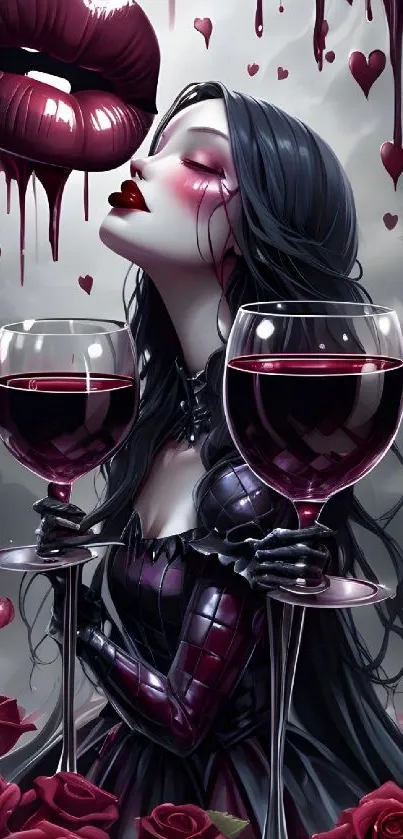 Gothic art wallpaper featuring roses and wine in a dark, romantic style.