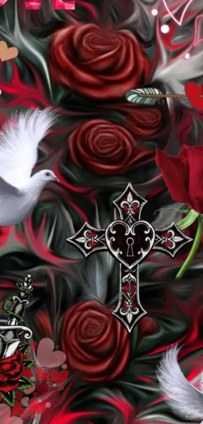 Gothic mobile wallpaper with roses and cross.