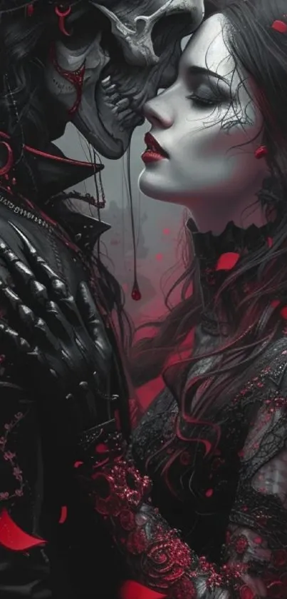 Gothic romance wallpaper featuring an ethereal couple with dark and red tones.