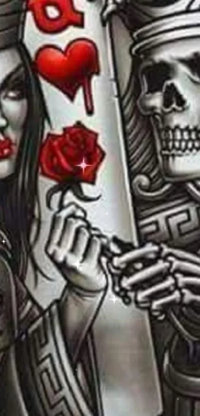 Gothic wallpaper featuring queen and skeleton king with a red rose.