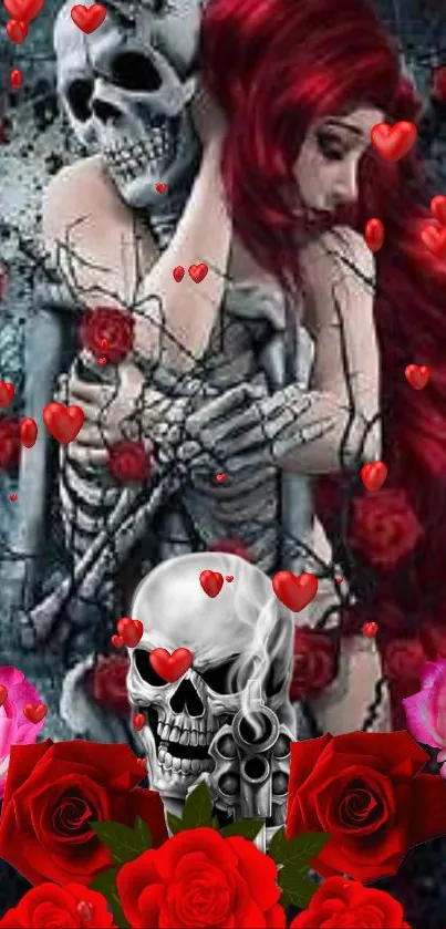 Gothic art wallpaper with skeletons and roses in vibrant red tones.