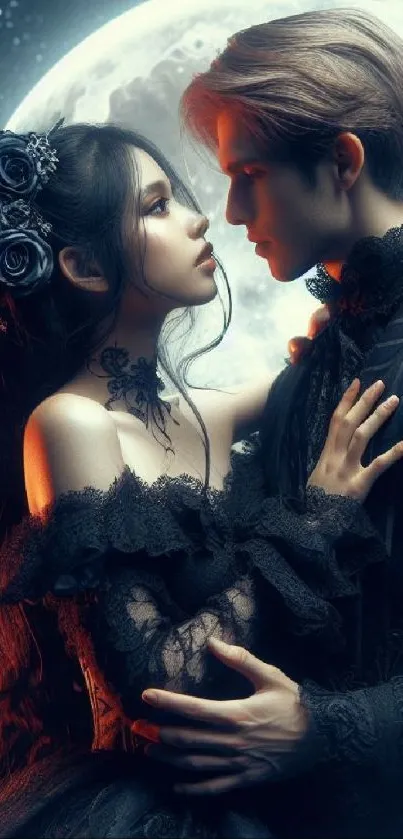 Gothic couple embracing with angelic wings and a glowing full moon backdrop.