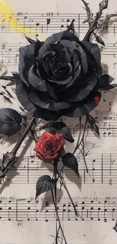 Gothic black and red rose with music notes backdrop.