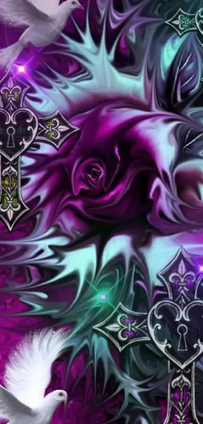 Gothic rose wallpaper with doves and crosses in purple hues.