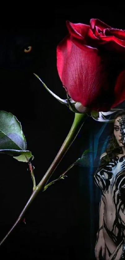 Gothic wallpaper with red rose and mysterious woman.