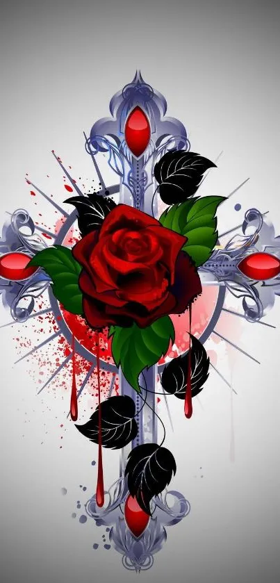 Gothic rose design with red accents and intricate patterns.