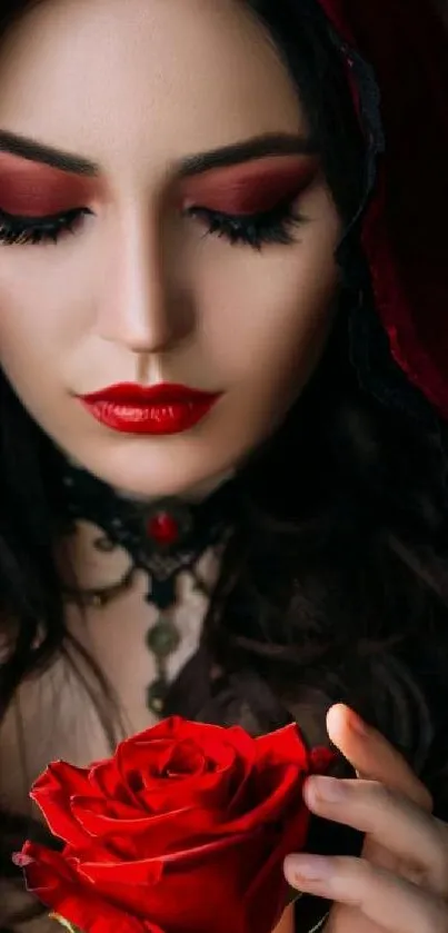 Dark gothic woman with red rose mobile wallpaper.