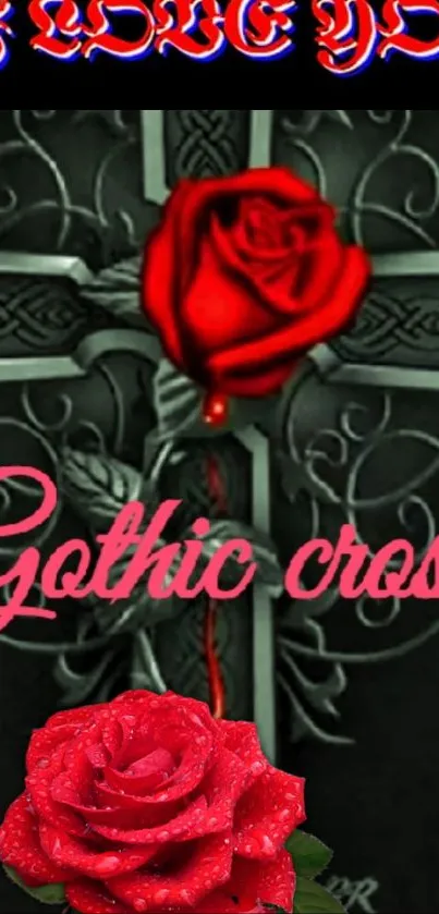 Gothic cross with vivid red roses on a dark background.