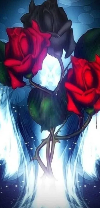 Gothic roses with glowing wings, creating a fantasy art effect.