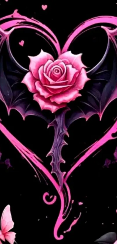 Gothic rose heart wallpaper with pink and black design.