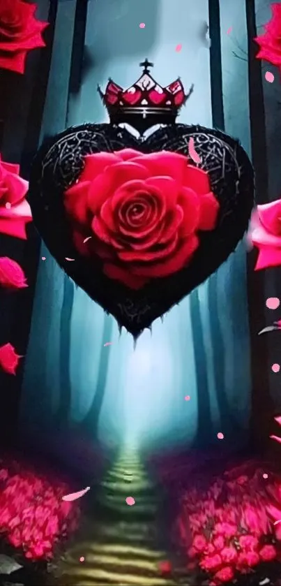 Gothic heart with a red rose and crown in mystical forest path.