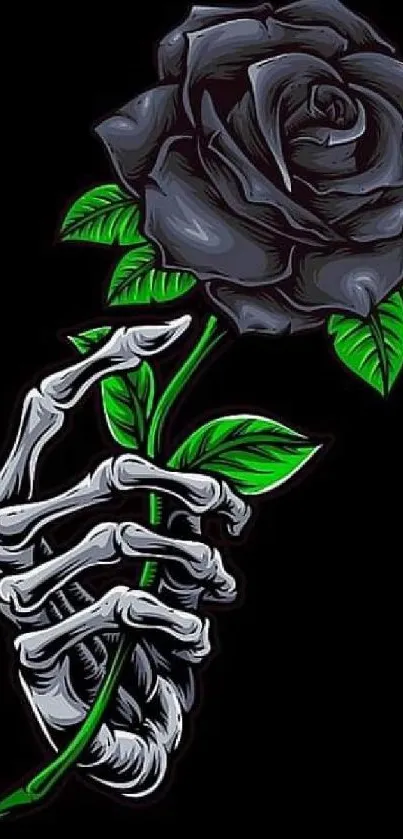 Skeleton holding a black rose with green leaves on a dark background.