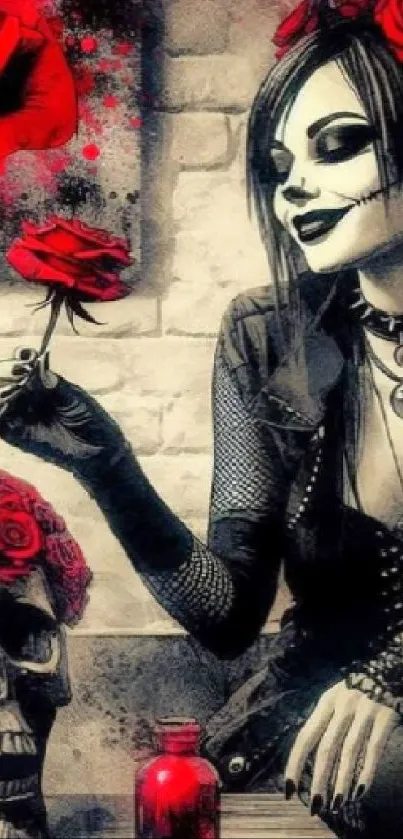 Gothic woman with skull and red roses in dark art wallpaper.