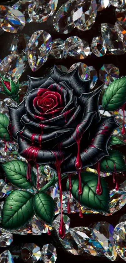 Gothic black rose with red drips on diamond background.