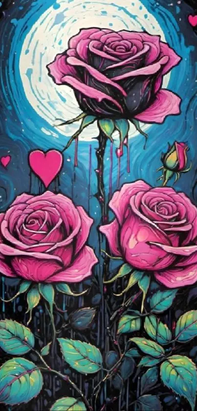 Gothic roses with a mystical moon in vibrant hues.