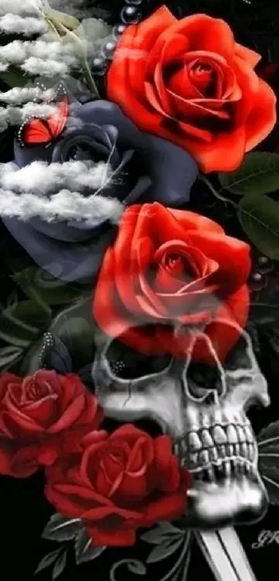 Gothic wallpaper with roses and skull.