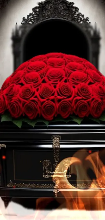 Gothic-themed wallpaper with red roses on a coffin and background flames.