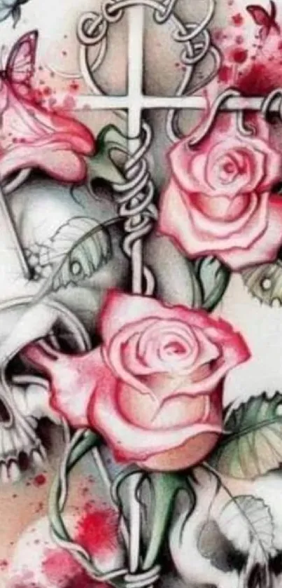 Gothic roses entwined with skulls art wallpaper in rose pink tones.