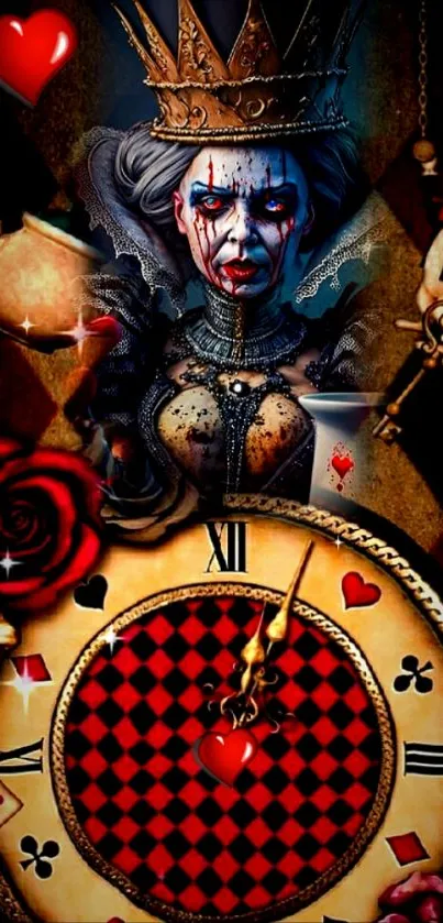 Gothic queen with clock and roses wallpaper.