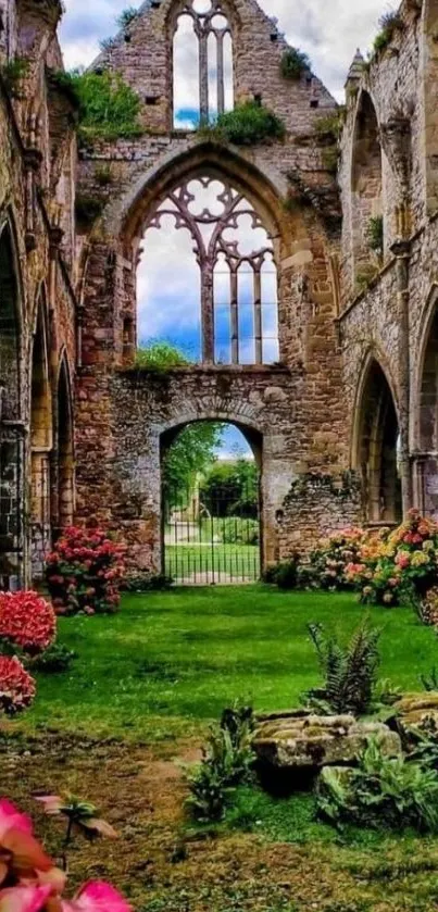 Gothic ruins garden with stone arches and lush greenery.