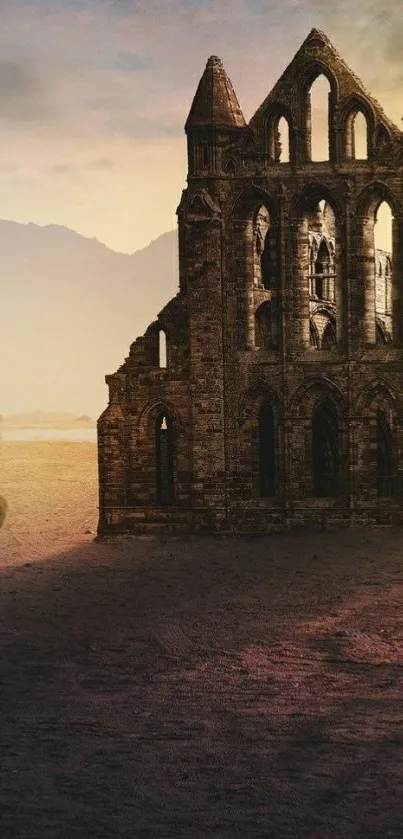 Gothic ruins at sunset wallpaper scene.