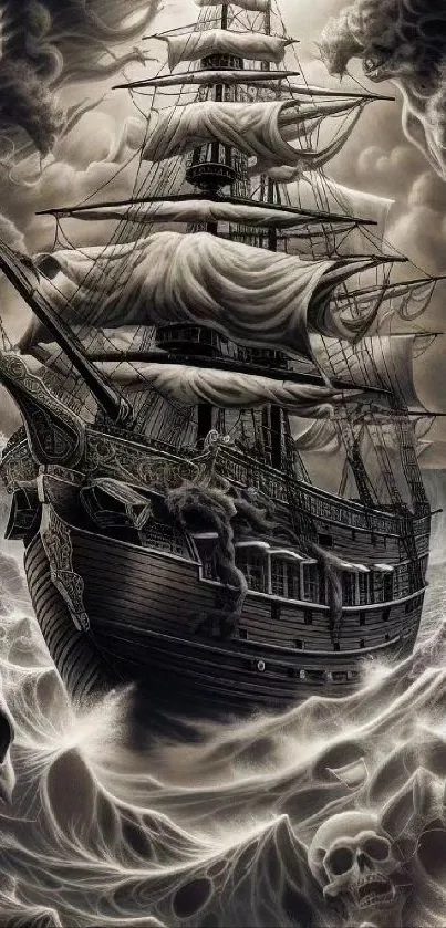 A gothic ship surrounded by skulls and waves in monochrome art style.