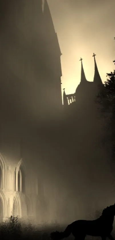 Gothic silhouette of a horse at night by cathedral.