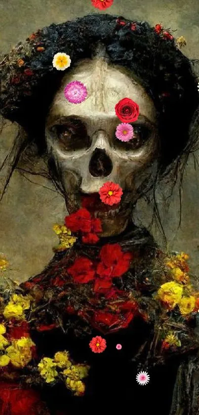 Gothic skull with vibrant flowers in haunting wallpaper.