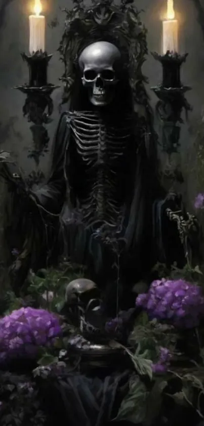 Gothic skeleton with candles and purple flowers mobile wallpaper.