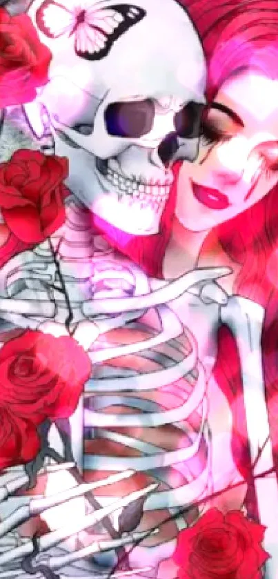 Gothic art with skeleton, woman, and roses.