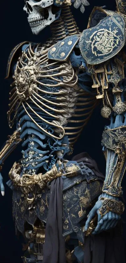 Gothic skeleton in gold-detailed armor, dark backdrop.