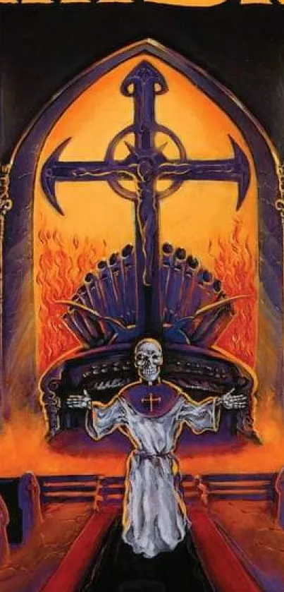 Gothic skeleton figure with fiery orange background and dark medieval setting.