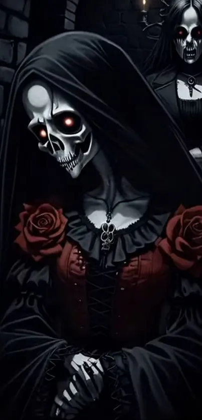 Gothic skeletons with red roses in a dark setting.