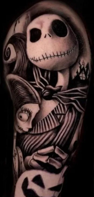 Gothic skeleton tattoo art on dark background.