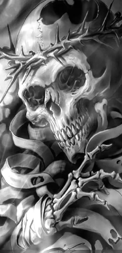 Gothic skull with crown in grayscale art.